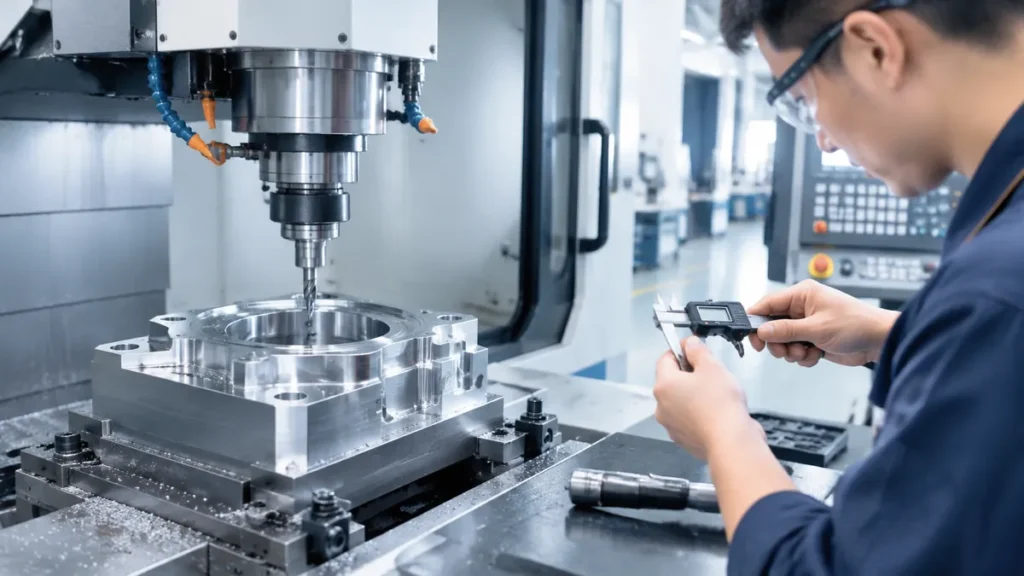 CNC machine producing precision custom metal parts with dimensional inspection