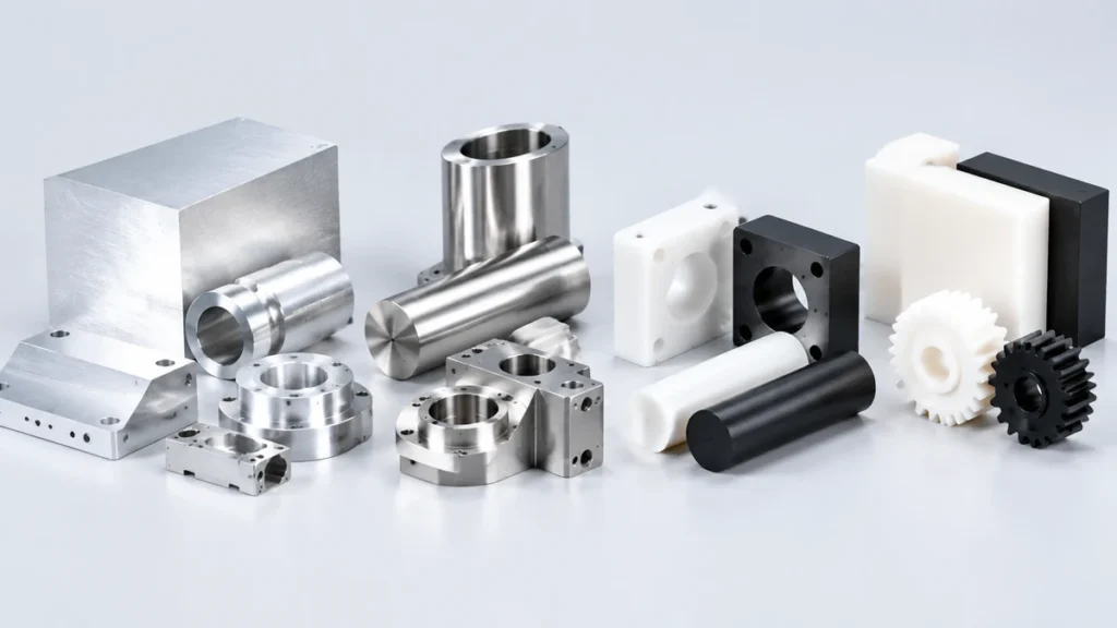 Common CNC machining materials aluminum, stainless steel and engineering plastic samples