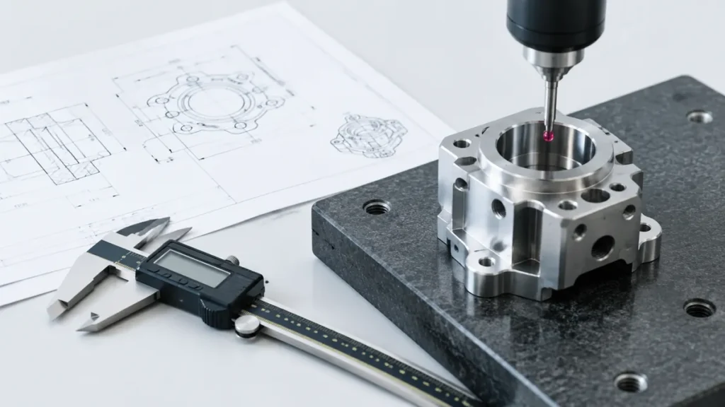 CNC part tolerance inspection and GD&T dimensioning for precision manufacturing